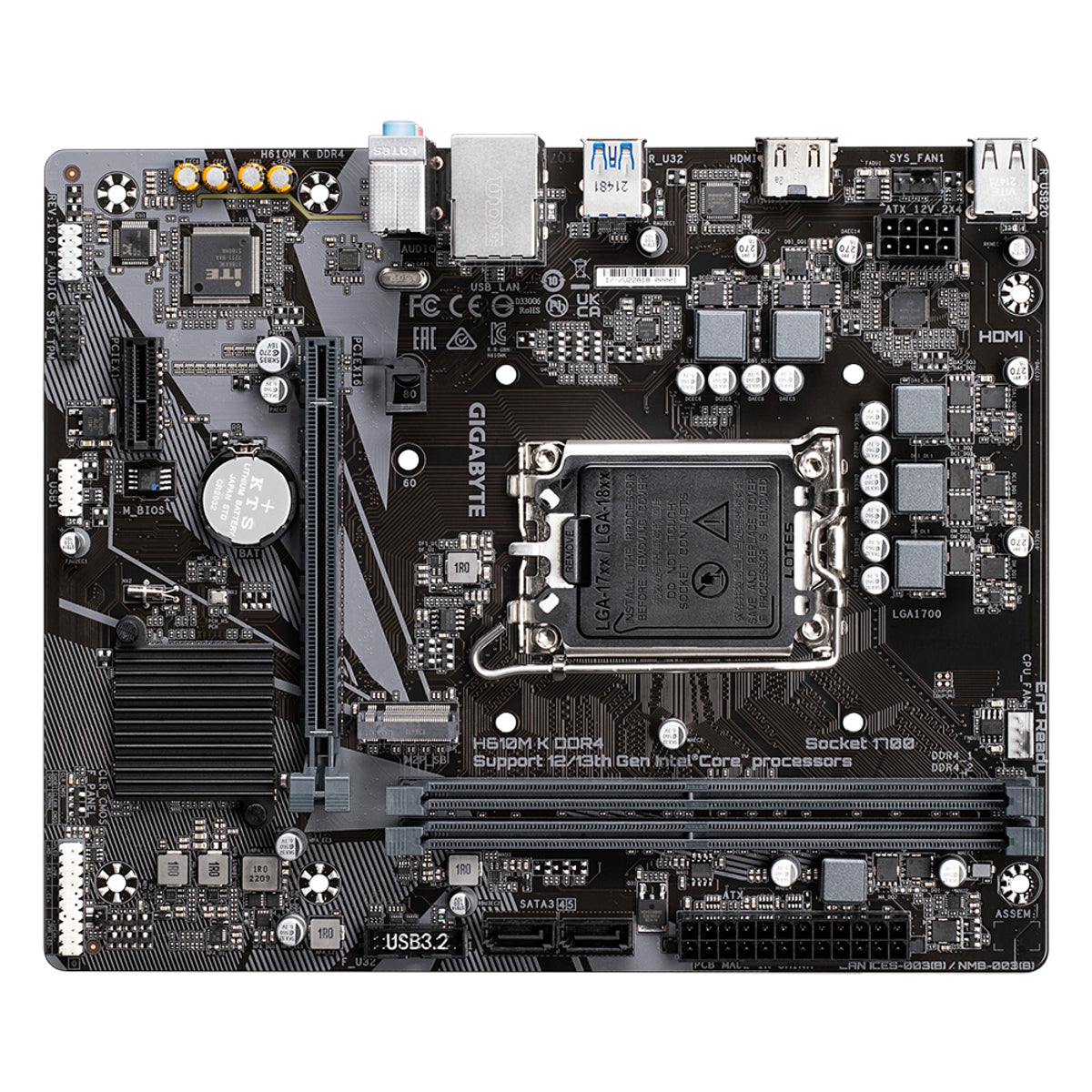 GIGABYTE H610M K DDR4 Motherboard - Supports Intel Core 14th Gen CPUs, up to 3200MHz DDR4, 1xPCIe 3.0 M.2, GbE LAN, USB 3.2 Gen 1, Intel, LGA 1700, Intel Celeron, Intel Core i3, Intel Core i7, Intel Core i9, Intel Pentium Gold, DDR4-SDRAM, 64 GB, DIMM