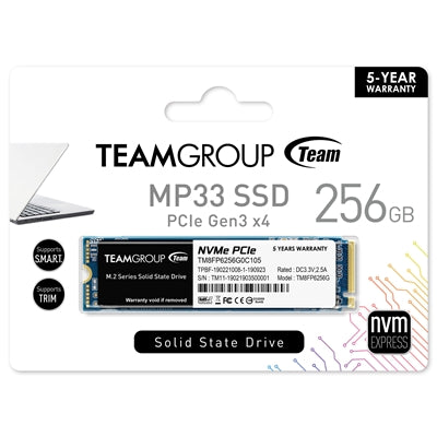 Team 256GB MP33 M.2 NVMe Gen3 SSD, M.2 2280, PCIe3, R/W 1600/1000 MB/s - PC Gear UK