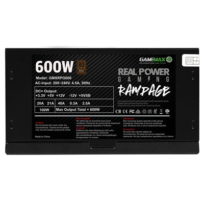 GAMEMAX RPG Rampage 600W PSU, 140mm Ultra Silent Fan, 80 PLUS Bronze, Non Modular, Flat Black Cables, Japanese TK Main Capacitor Fitted
