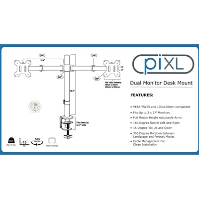 piXL Double Monitor Arm, For Upto 2x 27 inch Monitors, Desk Mounted, VESA dimensions of 75x75mm or 100x100mm, 180 Degrees Swivel, 15 Degrees Tilt, Weight Upto 10kg per screen, Built in Cable Management - PC Gear UK
