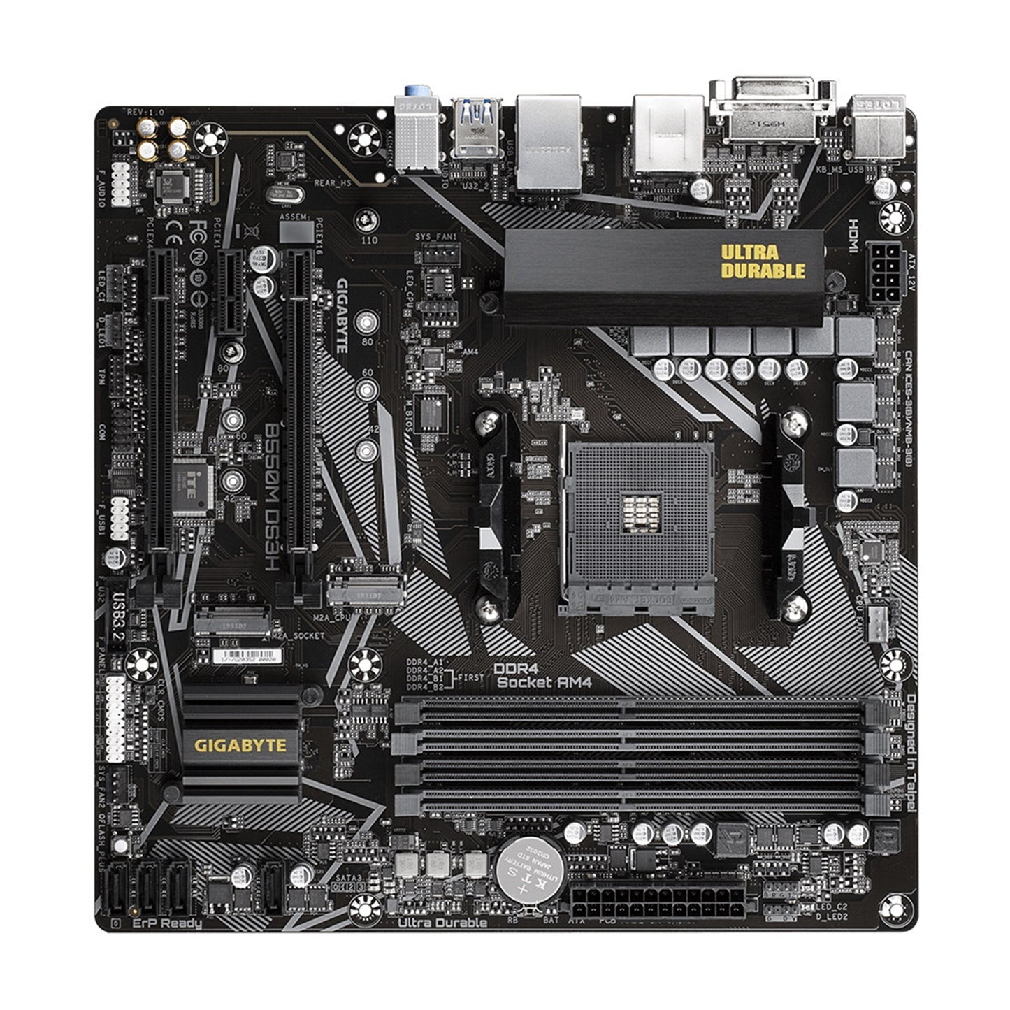 Gigabyte B550M DS3H Ultra Durable AMD AM4 Socket Motherboard, Micro-ATX, 4x DDR4 Slots, 2x M.2 Sockets, GbE LAN, 1x DVI-D / 1x DisplayPort / 1x HDMI Port - PC Gear UK