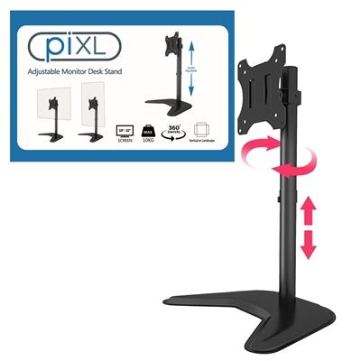 piXL Single Monitor Arm Desk Stand, For Screens up to 32", Max Weight 10Kg, Freestanding, Height Adjustable, Pivot, Swivel 360 - PC Gear UK