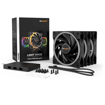 Be Quiet! (BL077) Light Wings 12cm PWM ARGB High Speed Case Fans (3 Pack), Rifle Bearing, 18 LEDs, Front & Rear Lighting, Up to 2500 RPM, ARGB Hub included - PC Gear UK