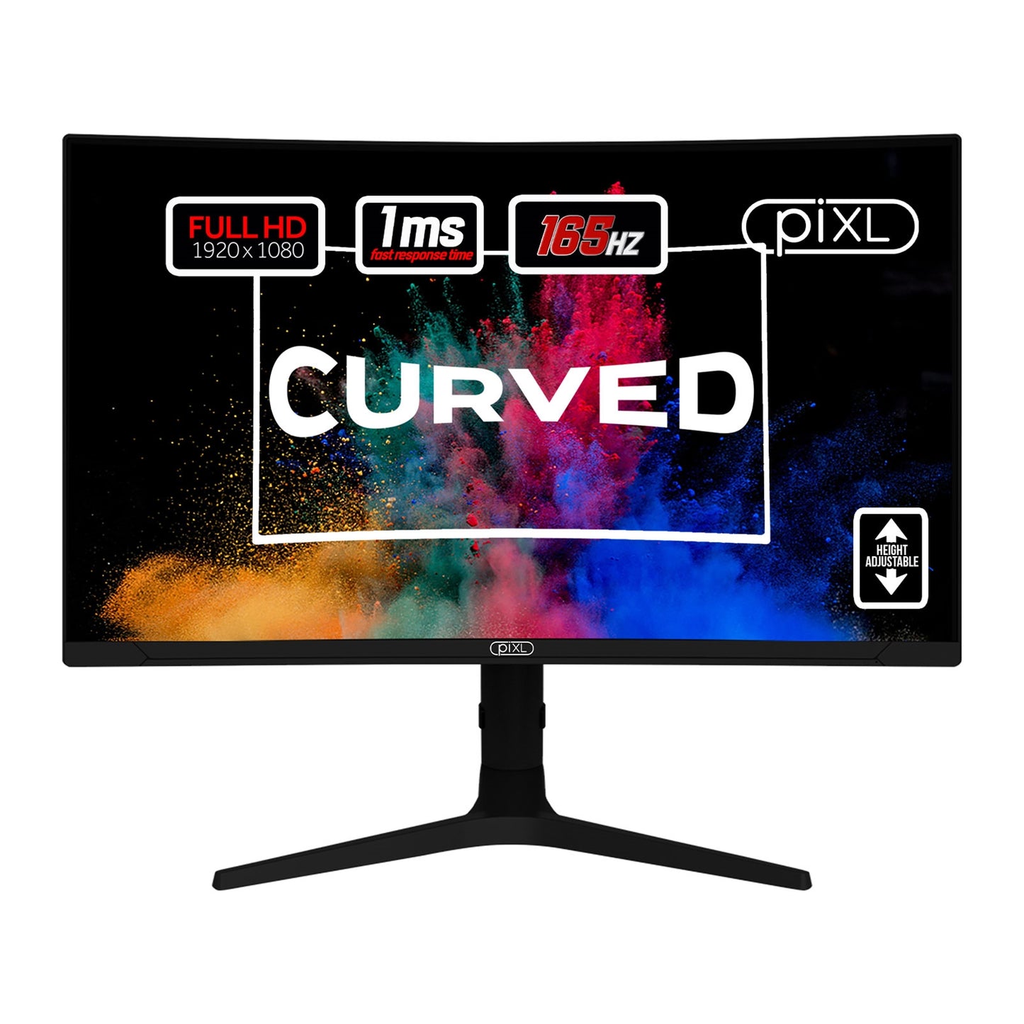piXL CM27C7 27 Inch Curved Monitor, 165Hz, 1ms, Frameless, Freesync / G-Sync, Full HD, HDMI, Display Port, USB, Black with RGB Lighting, VESA Mount, Height Adjustable - PC Gear UK