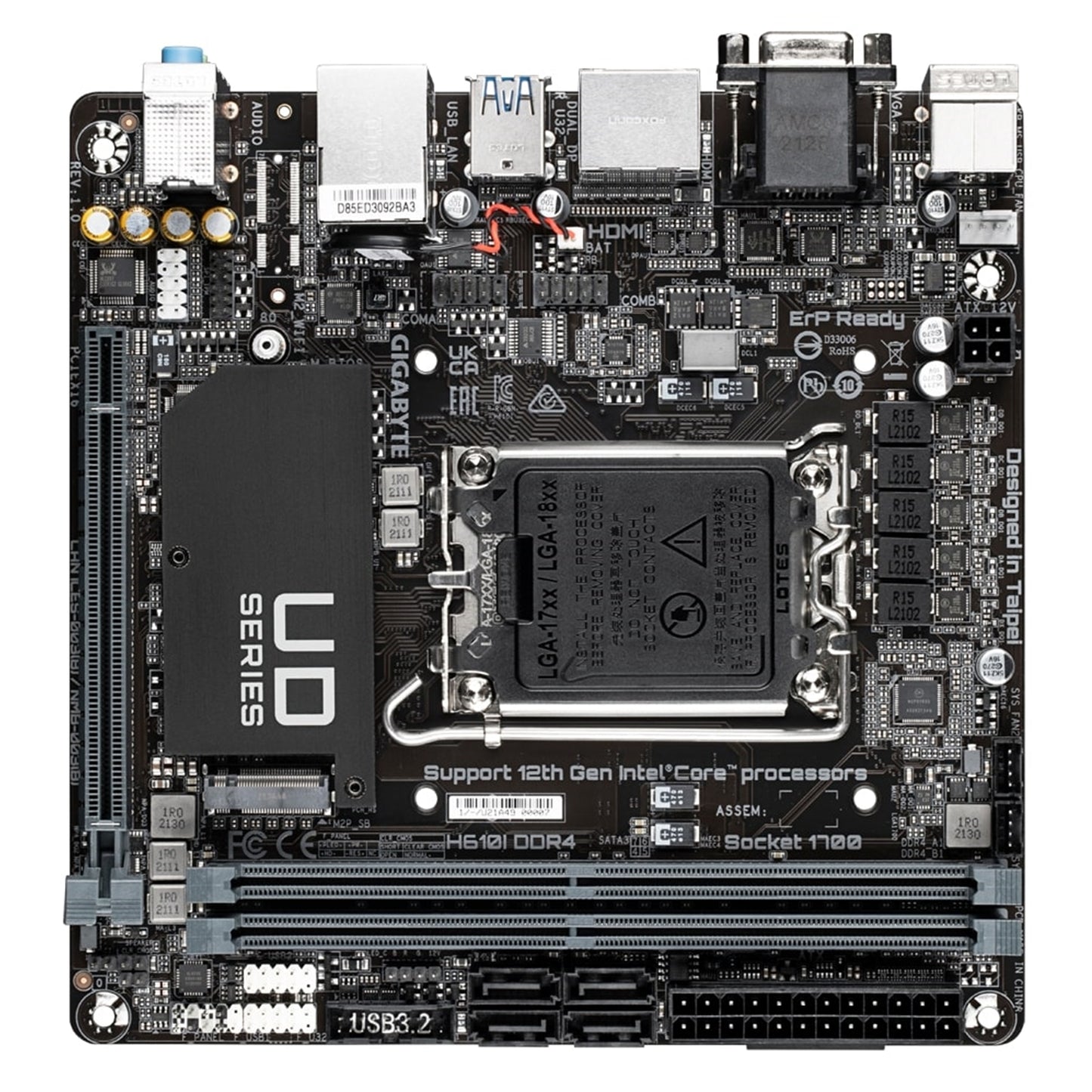 Gigabyte H610I DDR4 Ultra Durable Intel 1700 Socket Motherboard, Mini-ITX, 2x DDR4 Slots, 1x M.2 Socket, GbE LAN, 1x D-Sub / 2x DisplayPorts / 1x HDMI Port - PC Gear UK