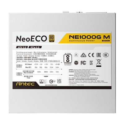 Antec NE1000G M, White, PCIe 5.0 Ready, Fully Modular, 80PLUS Gold, Single Rail, 83A, 120mm FDB Fan, ATX3.0 PSU