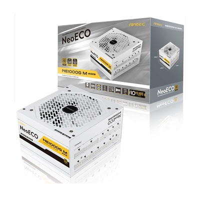 Antec NE1000G M, White, PCIe 5.0 Ready, Fully Modular, 80PLUS Gold, Single Rail, 83A, 120mm FDB Fan, ATX3.0 PSU