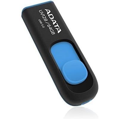 ADATA 64GB UV128 USB 3.0 Memory Pen, Retractable, Capless, Black & Blue - PC Gear UK