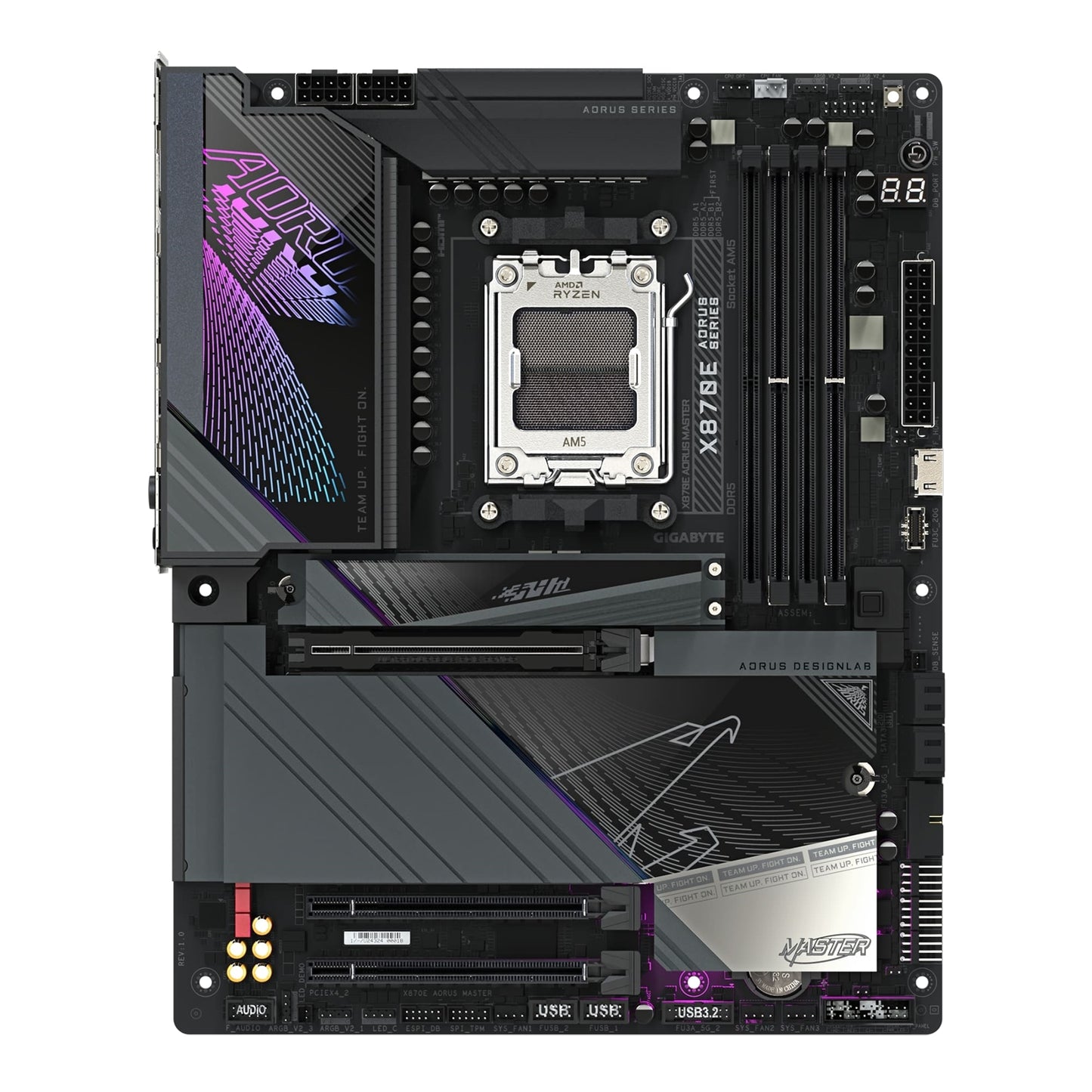 Gigabyte X870E AORUS MASTER AMD AM5 Socket Motherboard, ATX, 4x DDR5 Slots, 4x M.2 Sockets, 3x USB-C Port, Fitted I/O Shield, 5GbE LAN, Wi-Fi 7, 2x HDMI Port / 2x USB-C (USB4) - PC Gear UK