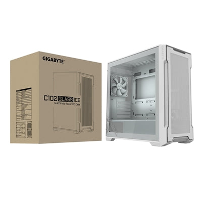 Gigabyte C102 GLASS ICE Mid-Tower Case, White, Tempered Glass Side Panel, USB 3.0 x2, 360mm Liquid Cooling Support, Pre-installed 120mm Fans, RGB Lighting Support, Magnetic Front Panel, PSU Shroud - PC Gear UK