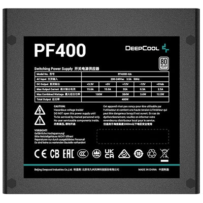 DeepCool PF400 80 PLUS Standard Power Supply 400W, Silent Hydraulic Bearing Fan, Reliable Protection, Flat Black Cables, 85% Efficiency - PC Gear UK