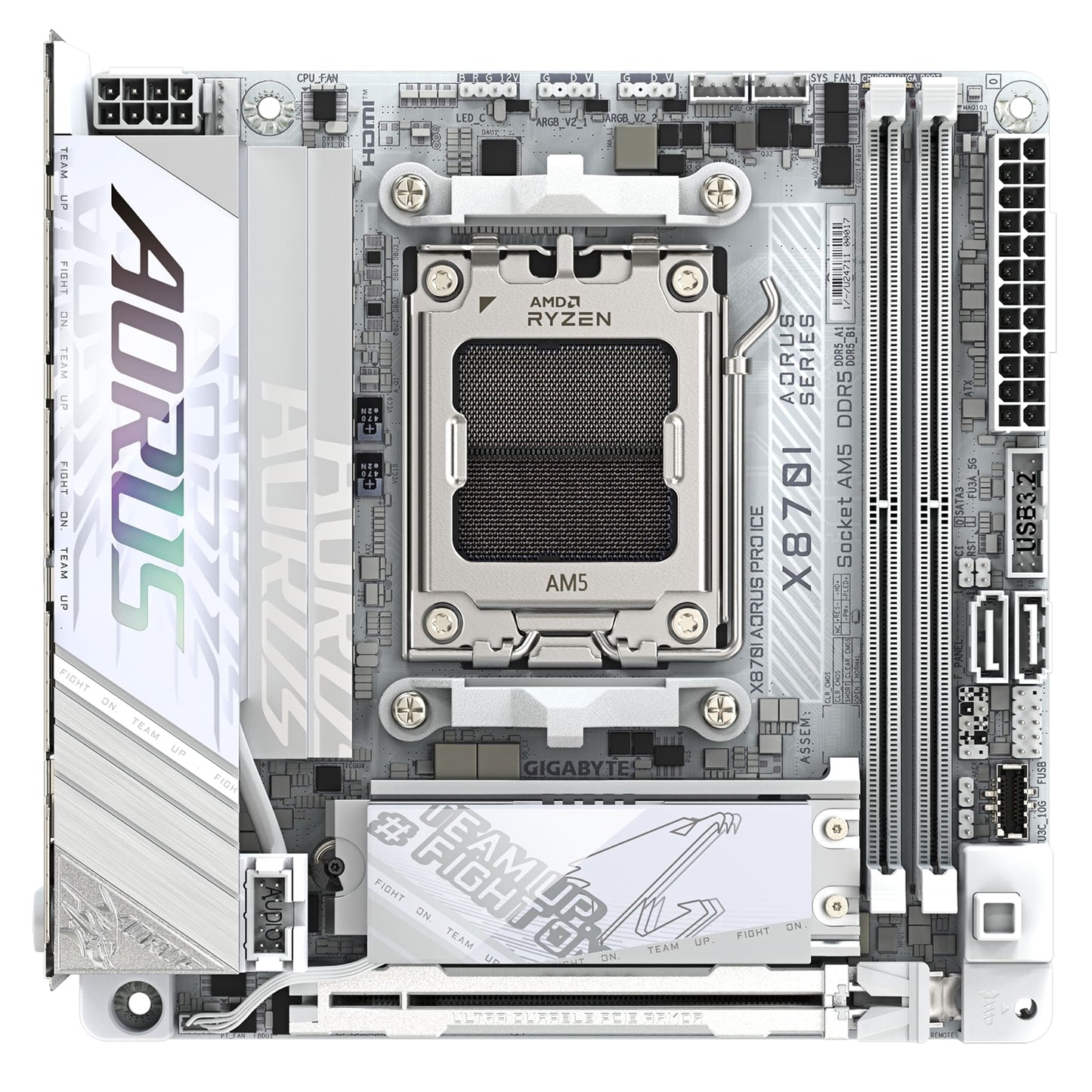 Gigabyte X870I AORUS PRO ICE AMD AM5 Socket Motherboard, Mini-ITX, 2x DDR5 Slots, 2x M.2 Sockets, 3x USB-C Port, Fitted I/O Shield, 2.5GbE LAN, Wi-Fi 7, 1x HDMI Port / 1x USB-C (USB4) - PC Gear UK