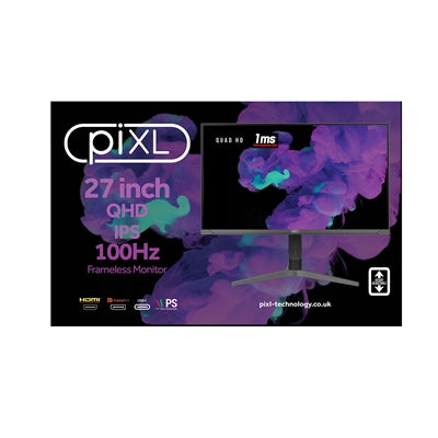 piXL CM27G7 27 Inch Frameless QHD IPS Monitor, 100Hz, 1ms, Freesync, G-Sync, HDMI, Display Port, USB, Black with RGB Lighting, VESA Mount, Height Adjustable, 3Year Warranty - PC Gear UK