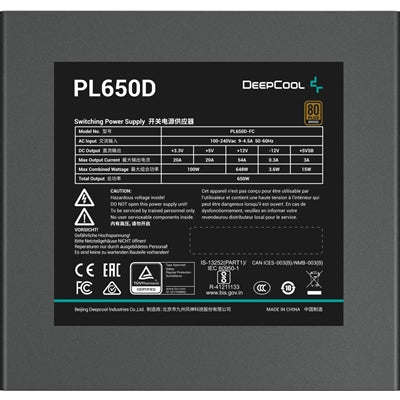 DeepCool PL650D 650W 80 Plus Bronze Power Supply with 120mm Hydro-Bearing Fan, ATX3.1 & PCIe 5.0 Support, Non-Modular Design PSU - PC Gear UK
