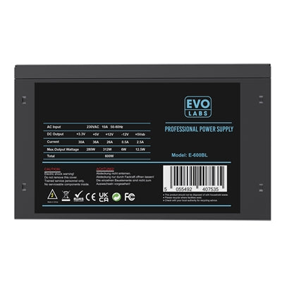 EVO LABS BR600-12BL 600W PSU,120mm Black Silent Fan with Improved Ventilation, Non Modular, High-Efficiency, PFC Certified, CE Compliant, Retail Packaged