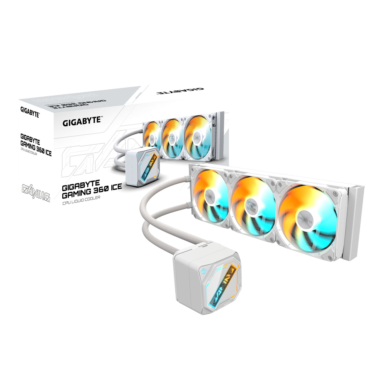 GIGABYTE GAMING 360 ICE Liquid CPU Cooler- 3x120mm ARGB Fans, slide-in interlocking mechanism, DAISY-CHAIN, Intel LGA 1851 and AMD AM5 Compatible, All-in-one liquid cooler, 12 cm, White