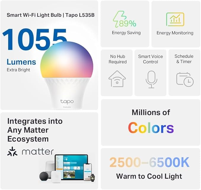 TP-Link Tapo L535B Smart Wi-Fi LED Bulb B22 - Multicolour, 1055lm, Matter, Alexa & Google