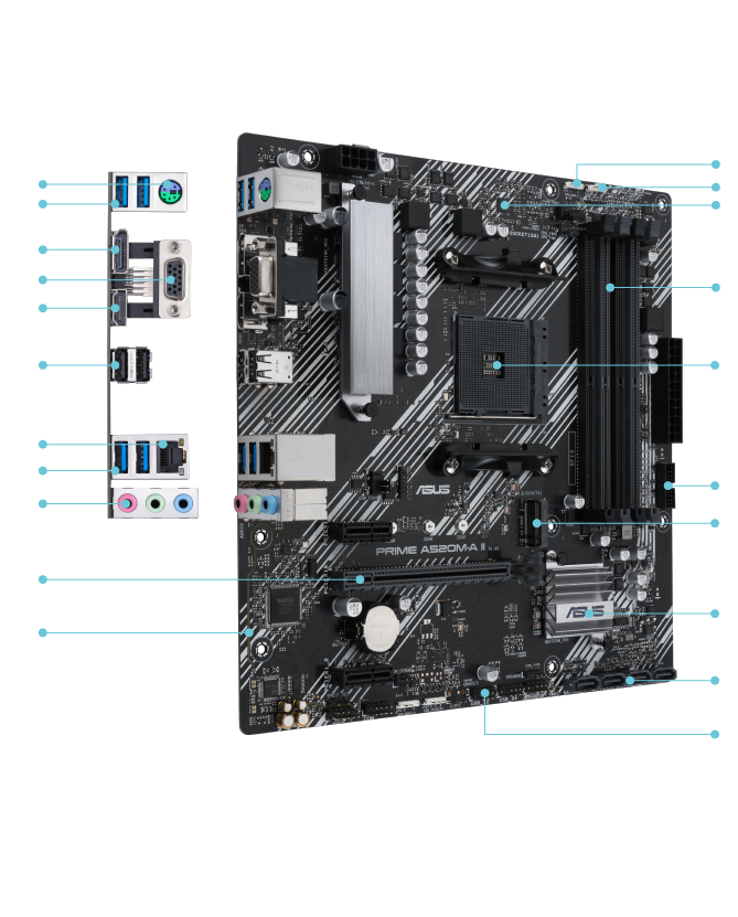 Asus PRIME A520M-A II/CSM - Corporate Stable Model, AMD A520, AM4, Micro ATX, 4 DDR4, VGA, HDMI, DP, M.2 - PC Gear UK