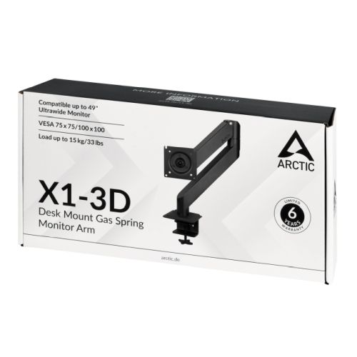 Arctic X1-3D Single Gas Spring Monitor Arm, Up to 40" Monitors / 43" Ultrawide, 180° Swivel, 360° Rotation - PC Gear UK