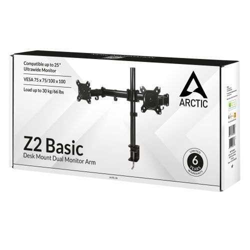 Arctic Z2 Basic Dual Monitor Arm, Up to 32" Monitors / 25" Ultrawide, 180° Swivel, 360° Rotation - PC Gear UK