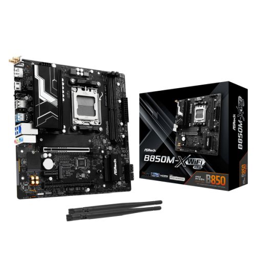 ASRock B850M-X WiFi AMD AM5 Socket Motherboard, Micro-ATX, 2x DDR5 Slots, 2x M.2 Sockets, 1x USB-C Port, 2.5GbE LAN, Wi-Fi 6E, 1x DisplayPort / 1x HDMI Port