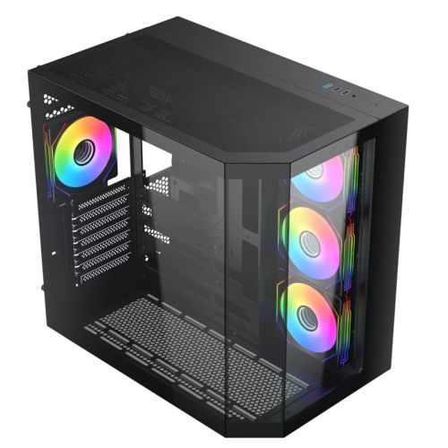 Vida Edge Black ARGB Gaming Cube Case w/ Glass Side, Front & Corner, ATX, 4x ARGB PWM Fans, 6-Port Fan Hub & Remote Control, Asus BTF Compatible