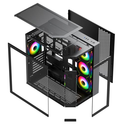 Vida Edge Black ARGB Gaming Cube Case w/ Glass Side, Front & Corner, ATX, 4x ARGB PWM Fans, 6-Port Fan Hub & Remote Control, Asus BTF Compatible