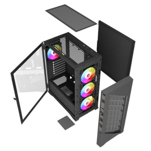 Vida Typhoon Black ARGB Gaming Case w/ Glass Window, ATX, Mesh Front, 4x ARGB Fans - PC Gear UK