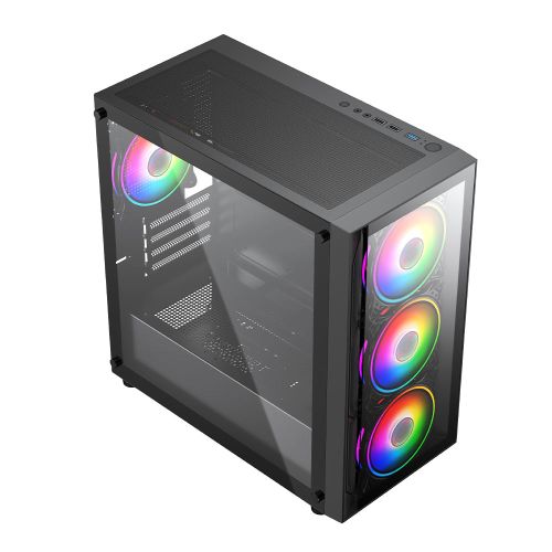 Vida Lucid Black ARGB Gaming Case w/ Glass Front & Side, Micro ATX, 4x ARGB Infinity Fans - PC Gear UK
