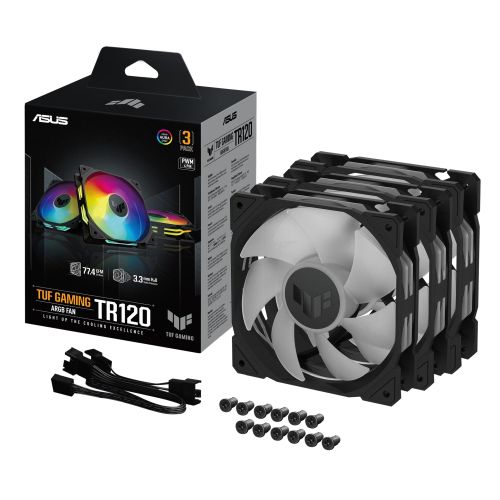 Asus TUF Gaming TR120 ARGB 12cm PWM Case Fans (3 Pack), Hydraulic Bearing, 28mm Frame, Double-layer LED Matrix Design, 2000 RPM, Black - PC Gear UK