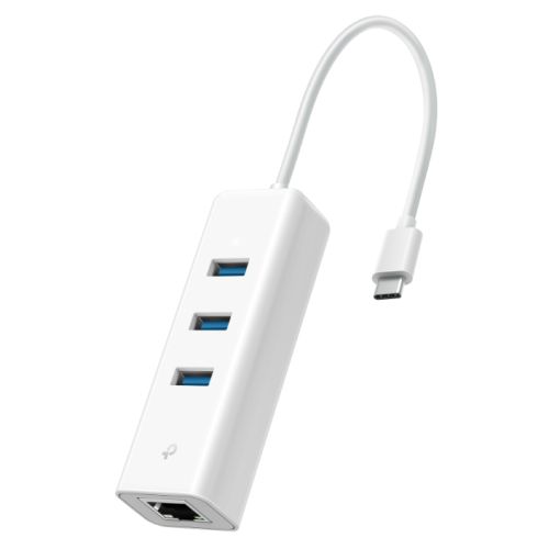 TP-LINK (UE330C) 3-Port USB-C Hub & Gigabit Ethernet Adapter, 3x USB-A 3.0, 1x GB LAN, White - PC Gear UK