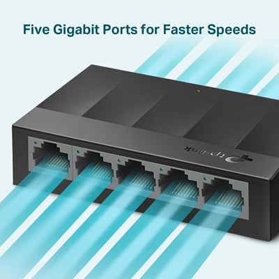 TP-LINK (LS1005G) 5-Port Gigabit Unmanaged Desktop LiteWave Switch, Green Technology, Plastic Case - PC Gear UK