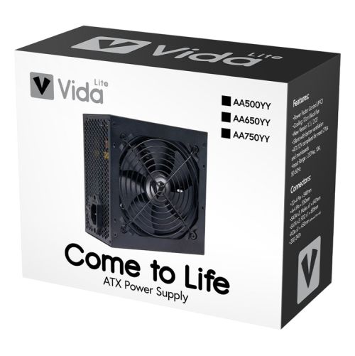 Vida Lite 500W ATX PSU, Fluid Dynamic Ultra-Quiet Fan, Flat Black Cables, Power Lead Not Included, Black