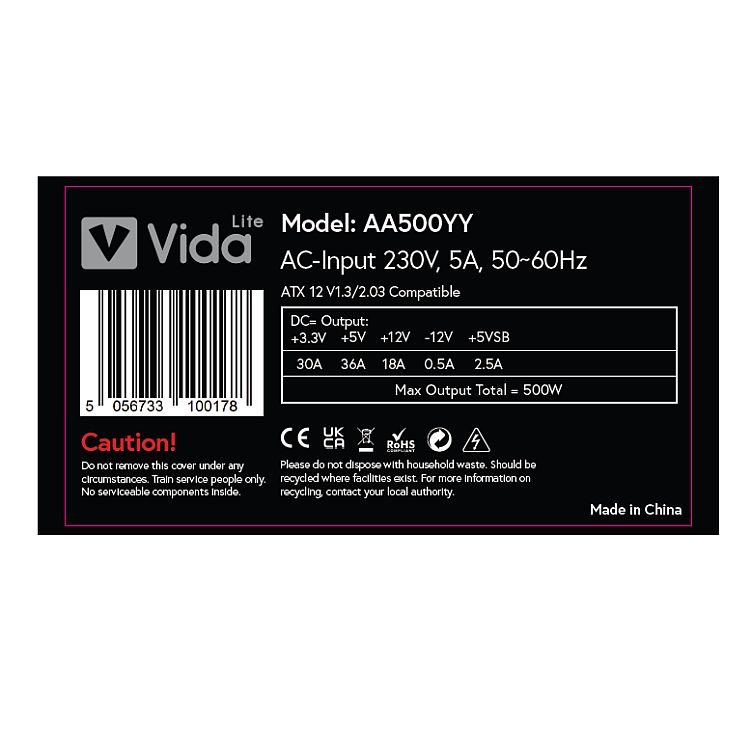Vida Lite 500W ATX PSU, Fluid Dynamic Ultra-Quiet Fan, Flat Black Cables, Power Lead Not Included, Black