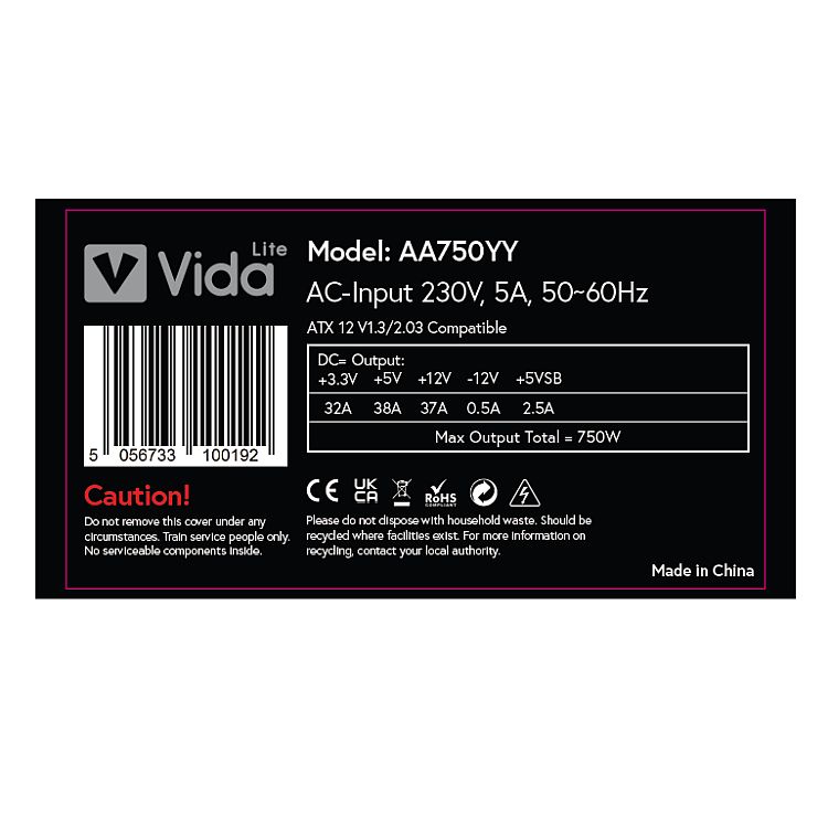 Vida Lite 750W ATX PSU, Fluid Dynamic Ultra-Quiet Fan, PCIe, Flat Black Cables, Power Lead Not Included, Black - PC Gear UK
