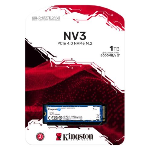 Kingston 1TB NV3 M.2 NVMe Gen4 SSD, M.2 2280, PCIe4, R/W 6000/4000 MB/s - PC Gear UK