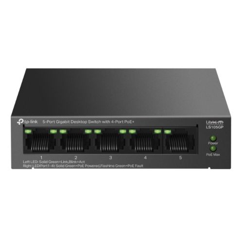 TP-LINK (LS105GP) 5-Port Gigabit Desktop LiteWave Switch with 4-Port PoE+, Metal Casing - PC Gear UK