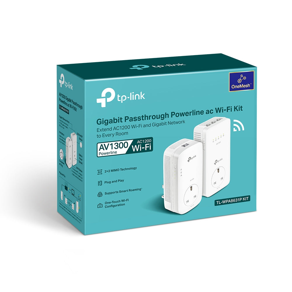TP-Link TL-WPA8631P KIT AV1300 Gigabit Passthrough Powerline AC1200 Wi-Fi Kit, HomePlug AV2, OneMesh, 3x Gigabit Ports, UK Plug, White
