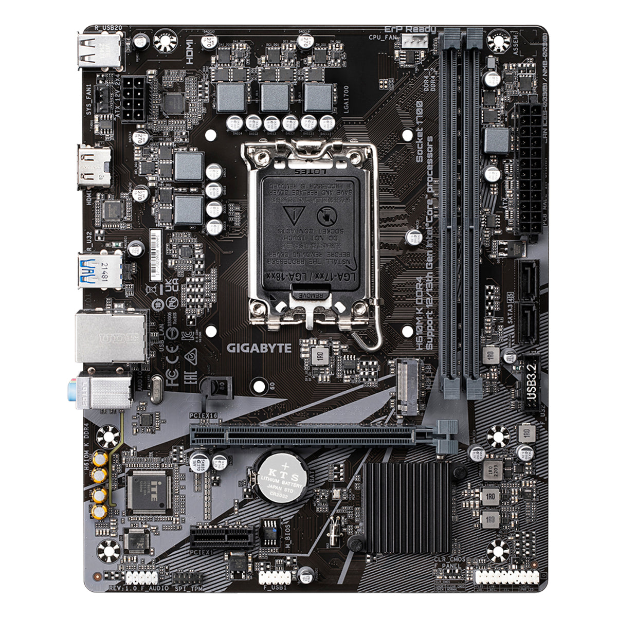 GIGABYTE H610M K DDR4 Motherboard - Supports Intel Core 14th Gen CPUs, up to 3200MHz DDR4, 1xPCIe 3.0 M.2, GbE LAN, USB 3.2 Gen 1, Intel, LGA 1700, Intel Celeron, Intel Core i3, Intel Core i7, Intel Core i9, Intel Pentium Gold, DDR4-SDRAM, 64 GB, DIMM