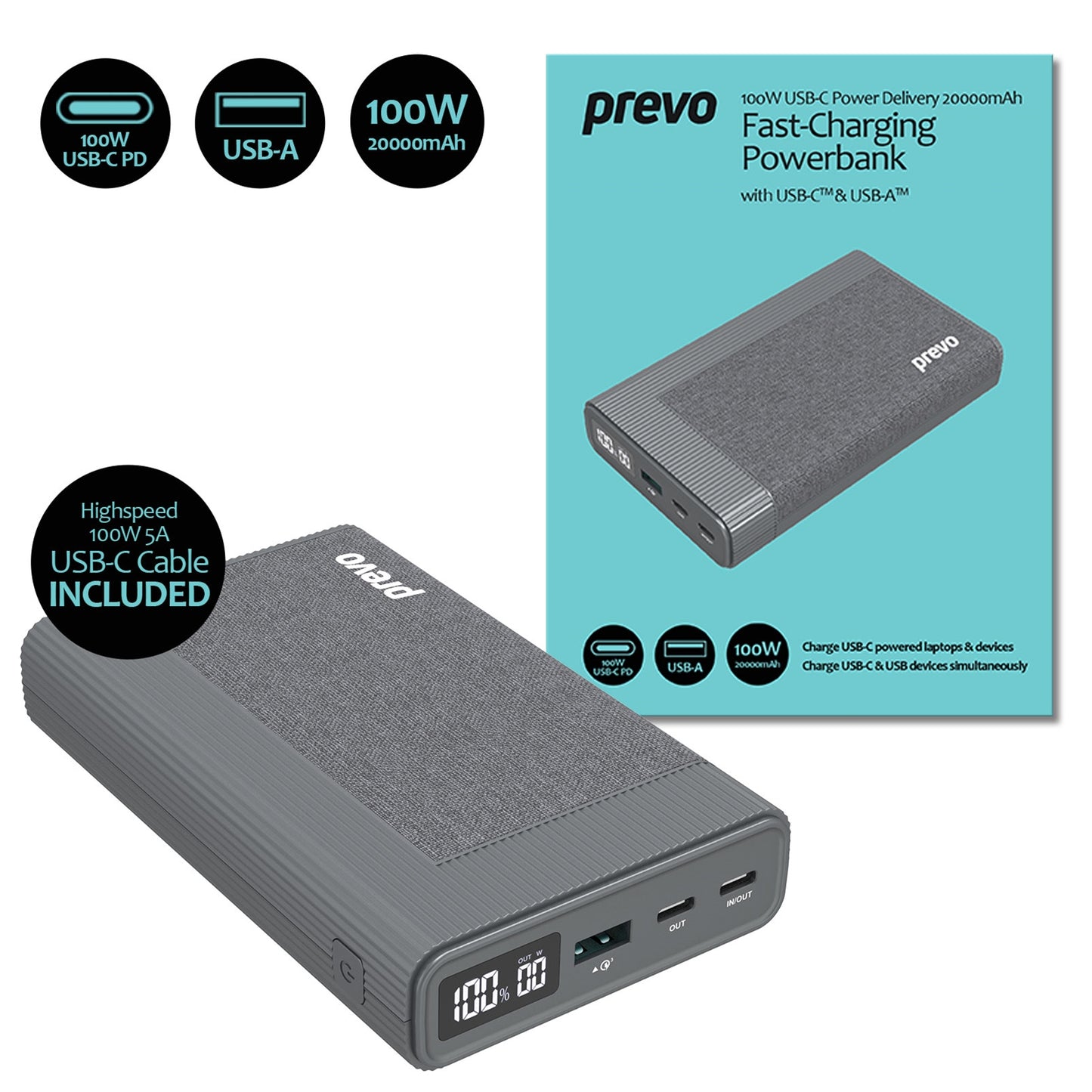 Prevo AD10C 100W USB-C Power Delivery PD 20000mAh Portable Fast-Charging Powerbank with Digital Display, Dual USB-C & USB-A with 100W USB-C Cable Included for Laptops, Ultrabooks, Chromebooks, Smartphones & Tablets - PC Gear UK