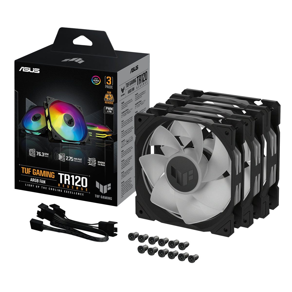ASUS TUF Gaming TR120 ARGB Reverse Fan - Triple Pack, Fan, 12 cm, Black