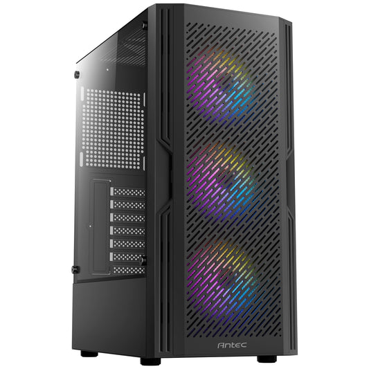 ANTEC AX20 Case, Black, Mid Tower, 1 x USB 3.0 / 2 x USB 2.0, Tempered Glass Side Window Panel, Slanted Bar & Mesh Design for Massive Airflow, 3 x RGB LED Fans Included, ATX, Micro ATX, Mini-ITX - PC Gear UK