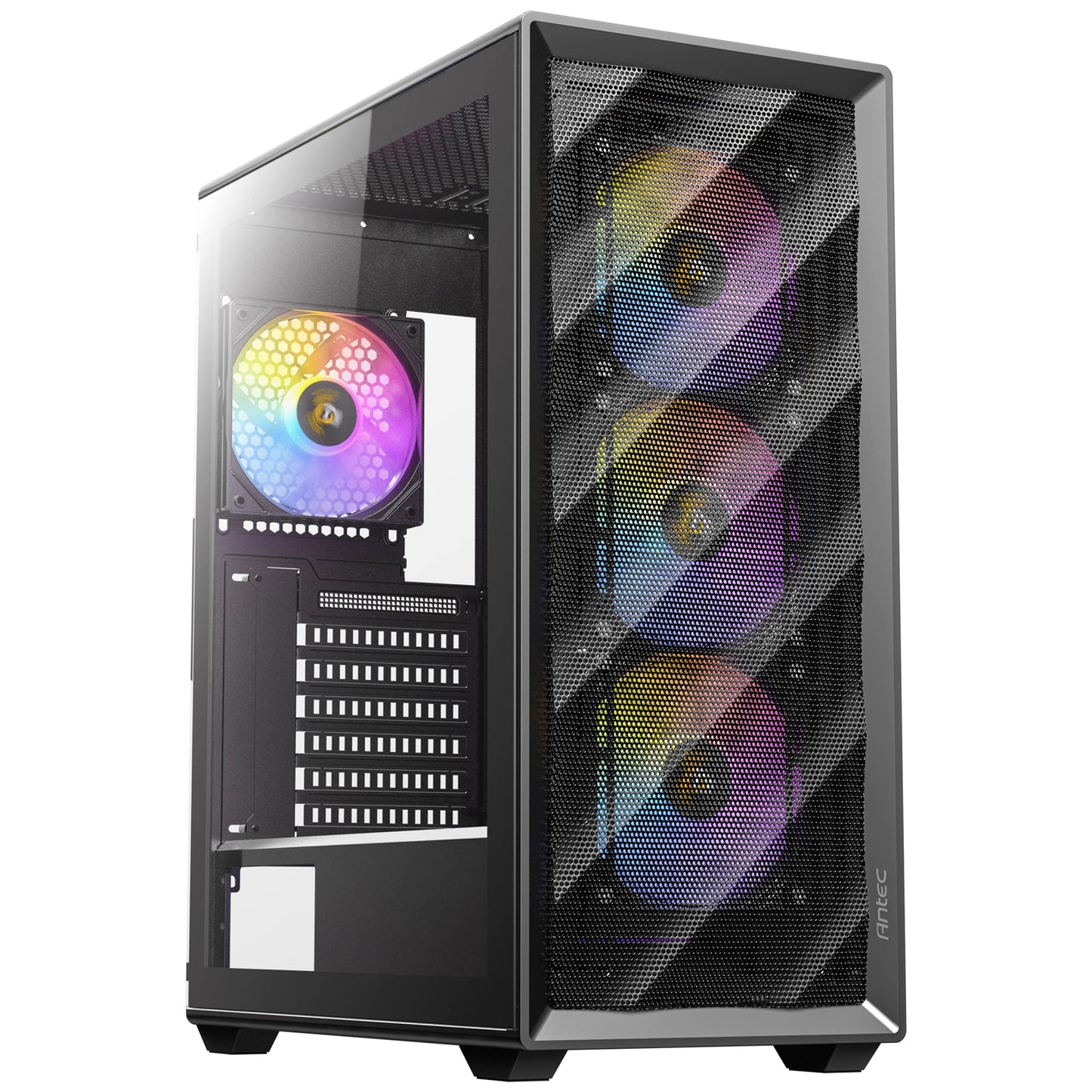 ANTEC AX85 ARGB Case, Black, Mid Tower, 2 x USB 3.0, Tempered Glass Side WIndow Panel, Large Mesh Front Panel for Excellent Cooling Performance, 4 x Addressable RGB Fans Included with Hub - PC Gear UK