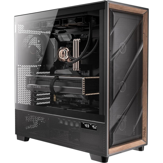Antec Flux PRO Full Tower PC Case with Tempered Glass, Black/Wood, 6 Pre-Installed Fans, USB Type-C, E-ATX/ATX/mATX/mITX Compatibility - PC Gear UK