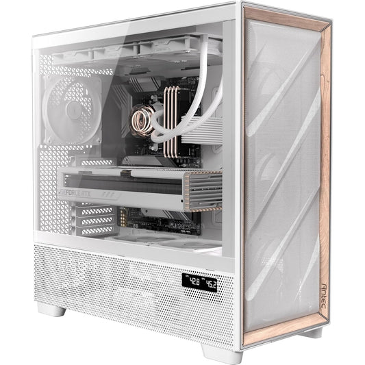 Antec Flux PRO Full Tower PC Case with Tempered Glass, White/Wood, 6 Pre-Installed Fans, USB Type-C, E-ATX/ATX/mATX/mITX Compatibility - PC Gear UK