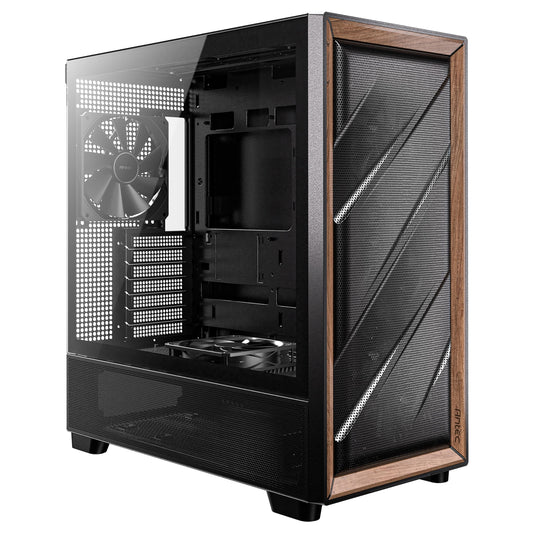 Antec FLUX Mid Tower PC Case - Tempered Glass, Black/Wood, 5 PWM Fans, USB-C, E-ATX/ATX/mATX/ITX Compatibility - PC Gear UK