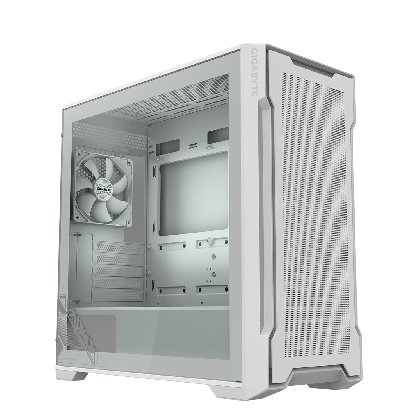 Gigabyte C102 GLASS ICE Mid-Tower Case, White, Tempered Glass Side Panel, USB 3.0 x2, 360mm Liquid Cooling Support, Pre-installed 120mm Fans, RGB Lighting Support, Magnetic Front Panel, PSU Shroud - PC Gear UK