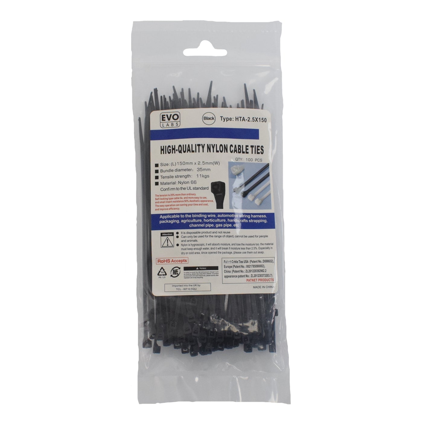 Evo Labs Black Cable Ties 150 x 2.5mm 100 Pack - PC Gear UK