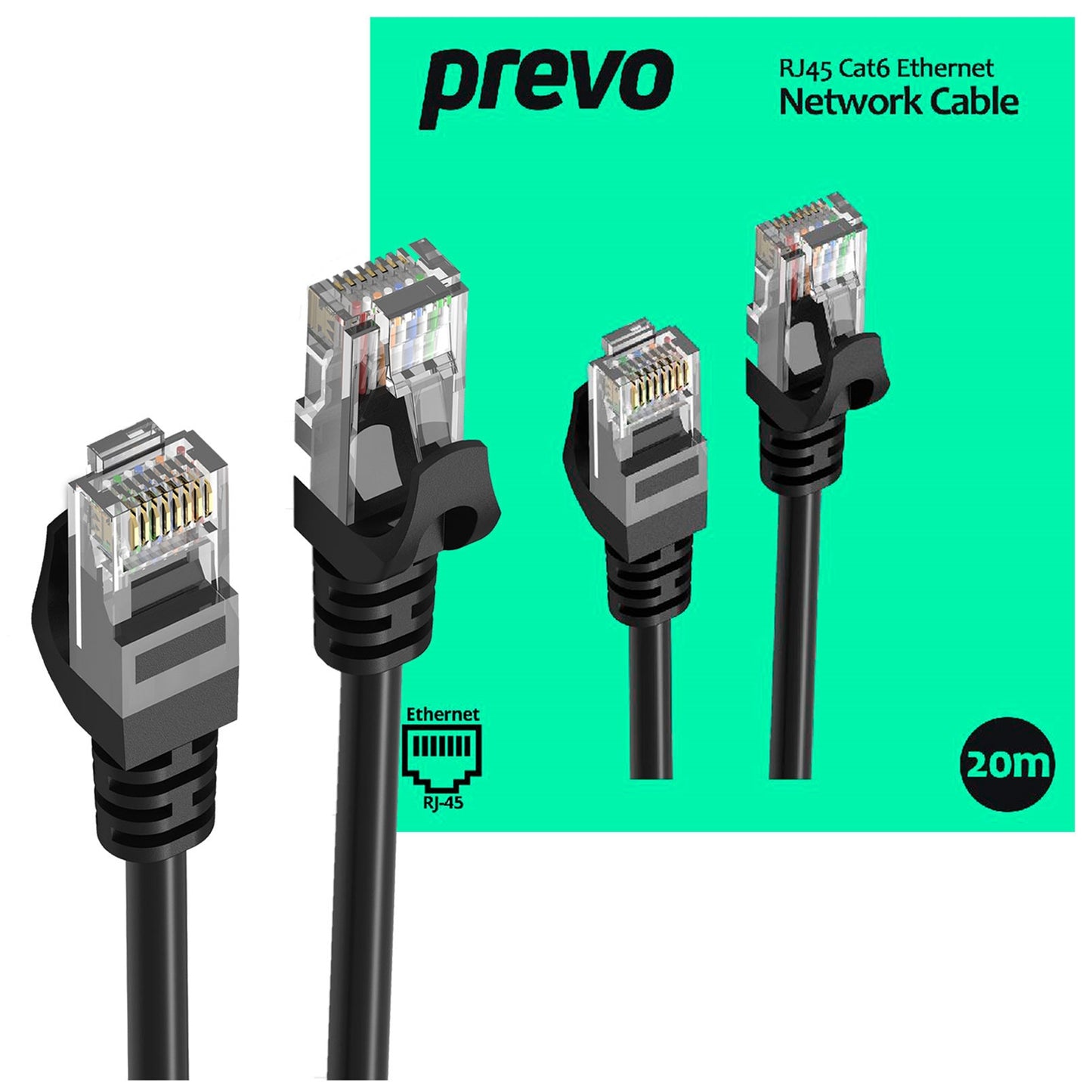 Prevo CAT6-BLK-20M Network Cable, RJ45 (M) to RJ45 (M), CAT6, 20m, Black, Oxygen Free Copper Core, Sturdy PVC Outer Sleeve & Clip Protector, Retail Box Packaging - PC Gear UK