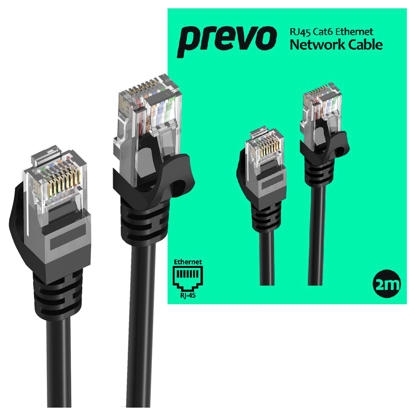 Prevo CAT6-BLK-2M Network Cable, RJ45 (M) to RJ45 (M), CAT6, 2m, Black, Oxygen Free Copper Core, Sturdy PVC Outer Sleeve & Clip Protector, Retail Box Packaging - PC Gear UK
